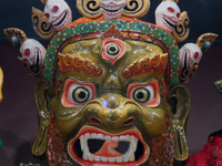 Tibetan opera masks are displayed at the Tibetan Sho Dun Festival at the Tibet Museum in Lhasa, Tibet, China, on August 8, 2024. (