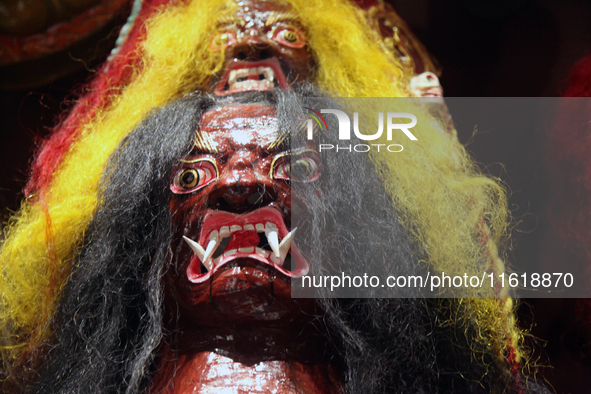 Tibetan opera masks are displayed at the Tibetan Sho Dun Festival at the Tibet Museum in Lhasa, Tibet, China, on August 8, 2024. 