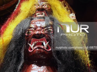 Tibetan opera masks are displayed at the Tibetan Sho Dun Festival at the Tibet Museum in Lhasa, Tibet, China, on August 8, 2024. (