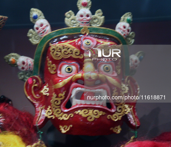 Tibetan opera masks are displayed at the Tibetan Sho Dun Festival at the Tibet Museum in Lhasa, Tibet, China, on August 8, 2024. 