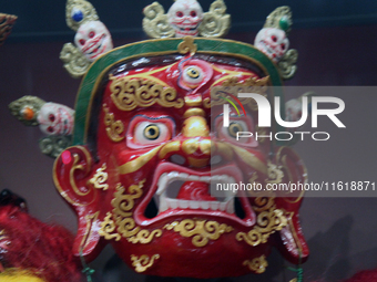 Tibetan opera masks are displayed at the Tibetan Sho Dun Festival at the Tibet Museum in Lhasa, Tibet, China, on August 8, 2024. (