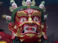 Tibetan opera masks are displayed at the Tibetan Sho Dun Festival at the Tibet Museum in Lhasa, Tibet, China, on August 8, 2024. (