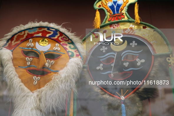 Tibetan opera masks are displayed at the Tibetan Sho Dun Festival at the Tibet Museum in Lhasa, Tibet, China, on August 8, 2024. 