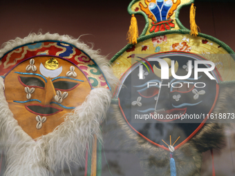 Tibetan opera masks are displayed at the Tibetan Sho Dun Festival at the Tibet Museum in Lhasa, Tibet, China, on August 8, 2024. (