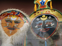 Tibetan opera masks are displayed at the Tibetan Sho Dun Festival at the Tibet Museum in Lhasa, Tibet, China, on August 8, 2024. (