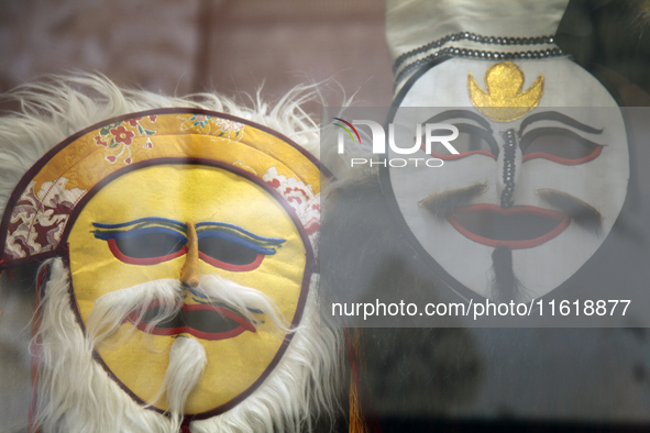 Tibetan opera masks are displayed at the Tibetan Sho Dun Festival at the Tibet Museum in Lhasa, Tibet, China, on August 8, 2024. 