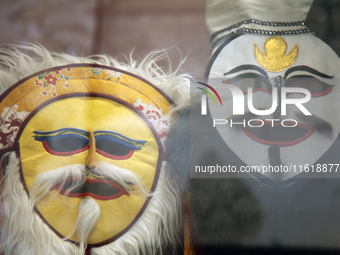 Tibetan opera masks are displayed at the Tibetan Sho Dun Festival at the Tibet Museum in Lhasa, Tibet, China, on August 8, 2024. (