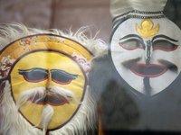 Tibetan opera masks are displayed at the Tibetan Sho Dun Festival at the Tibet Museum in Lhasa, Tibet, China, on August 8, 2024. (