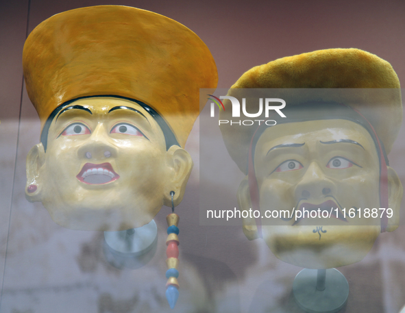 Tibetan opera masks are displayed at the Tibetan Sho Dun Festival at the Tibet Museum in Lhasa, Tibet, China, on August 8, 2024. 