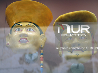 Tibetan opera masks are displayed at the Tibetan Sho Dun Festival at the Tibet Museum in Lhasa, Tibet, China, on August 8, 2024. (