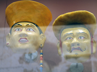 Tibetan opera masks are displayed at the Tibetan Sho Dun Festival at the Tibet Museum in Lhasa, Tibet, China, on August 8, 2024. (