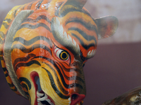 Tibetan opera masks are displayed at the Tibetan Sho Dun Festival at the Tibet Museum in Lhasa, Tibet, China, on August 8, 2024. (