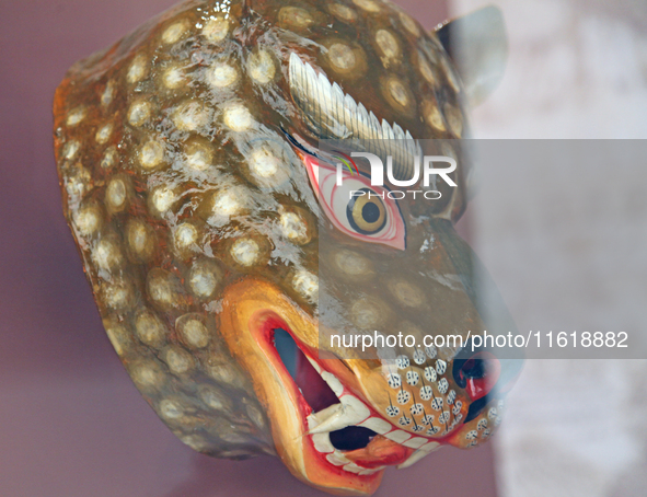 Tibetan opera masks are displayed at the Tibetan Sho Dun Festival at the Tibet Museum in Lhasa, Tibet, China, on August 8, 2024. 