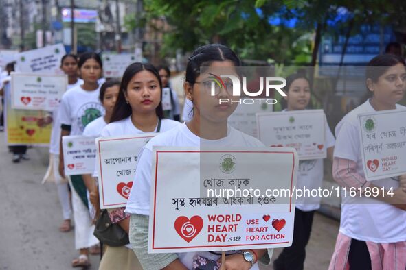 Students participate during World Heart Day rally in Guwahati, India, on September 29, 2024. 