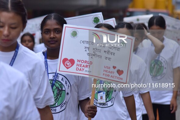 Students participate during World Heart Day rally in Guwahati, India, on September 29, 2024. 