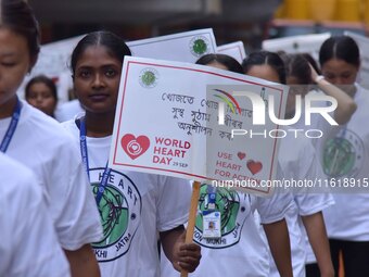 Students participate during World Heart Day rally in Guwahati, India, on September 29, 2024. (