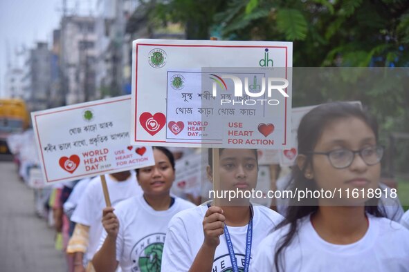 Students participate during World Heart Day rally in Guwahati, India, on September 29, 2024. 