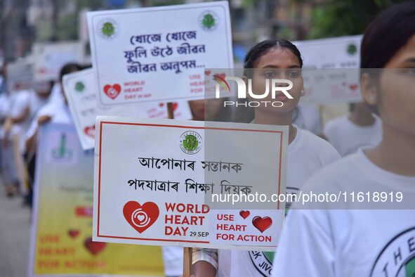 Students participate during World Heart Day rally in Guwahati, India, on September 29, 2024. 