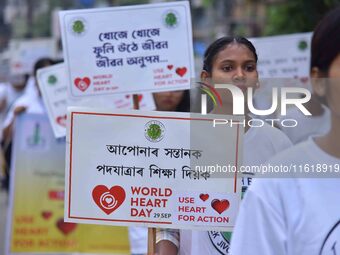 Students participate during World Heart Day rally in Guwahati, India, on September 29, 2024. (