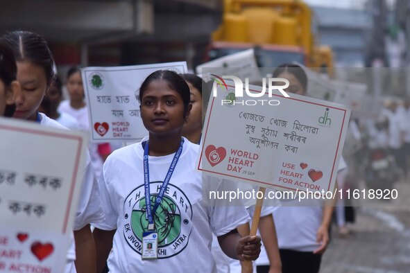 Students participate during World Heart Day rally in Guwahati, India, on September 29, 2024. 