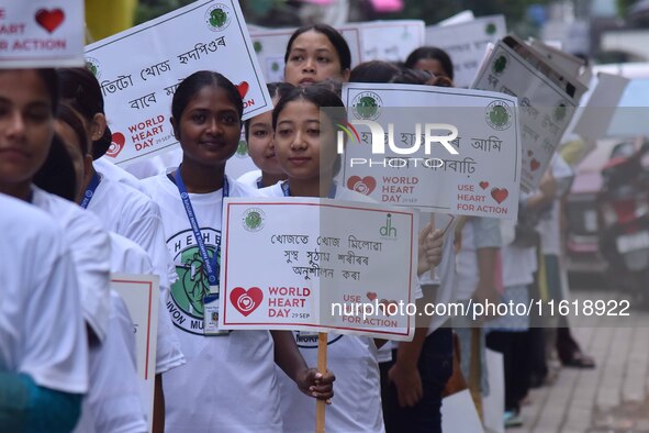 Students participate during World Heart Day rally in Guwahati, India, on September 29, 2024. 