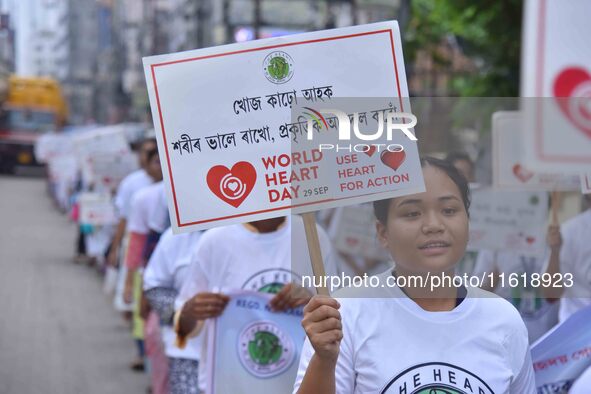 Students participate during World Heart Day rally in Guwahati, India, on September 29, 2024. 