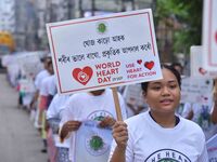 Students participate during World Heart Day rally in Guwahati, India, on September 29, 2024. (