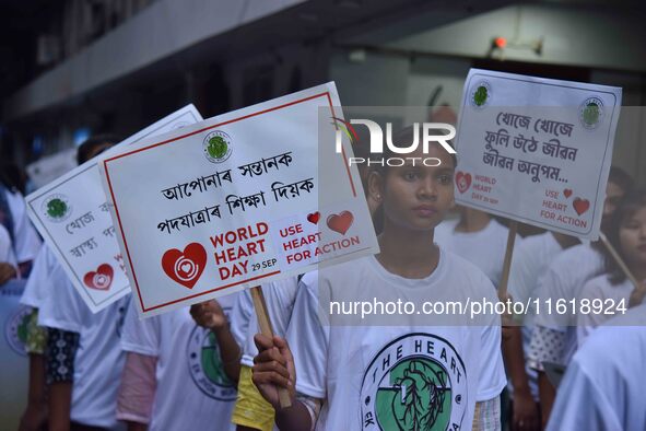 Students participate during World Heart Day rally in Guwahati, India, on September 29, 2024. 