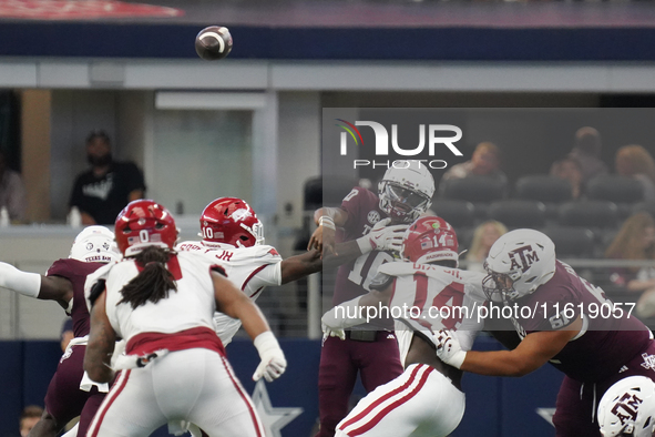 Texas A&M Aggies quarterback Marcel Reed #10 passes the ball against the Arkansas Razorbacks during the Southwest Classic match between the...