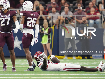 Arkansas Razorbacks wide receiver Andrew Armstrong #2 celebrates on the field after catching the ball against the Texas A&M Aggies during th...