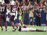 Arkansas Razorbacks wide receiver Andrew Armstrong #2 celebrates on the field after catching the ball against the Texas A&M Aggies during th...