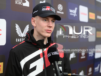 Driver Sami Pajari of the team Toyota Gazoo Racing WRT, Toyota GR Yaris Rally1 Hybrid, attends a press conference during the FIA World Rally...