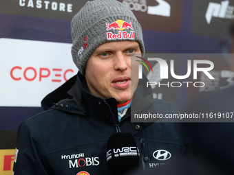 Driver Ott Tanak of the Hyundai Shell Mobis World Rally Team, Hyundai i20 N Rally1 Hybrid, attends a press conference during the FIA World R...