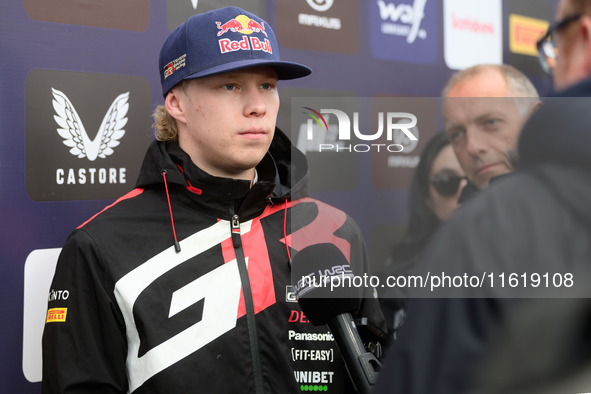 Kalle Rovanpera of the team Toyota Gazoo Racing WRT drives the Toyota GR Yaris Rally1 Hybrid and attends a press conference during the FIA W...