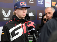 Kalle Rovanpera of the team Toyota Gazoo Racing WRT drives the Toyota GR Yaris Rally1 Hybrid and attends a press conference during the FIA W...