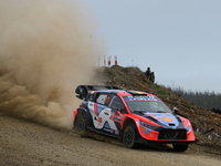 Driver Thierry Neuville and co-driver Martijn Wydaeghe of the Hyundai Shell Mobis World Rally Team, in a Hyundai i20 N Rally1 Hybrid, face t...