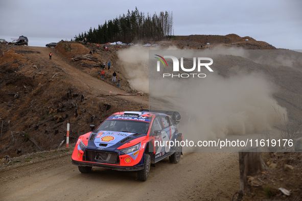 Driver Ott Tanak and co-driver Martin Jarveoja of the Hyundai Shell Mobis World Rally Team, Hyundai i20 N Rally1 Hybrid, face the second day...