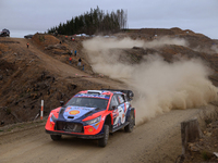 Driver Ott Tanak and co-driver Martin Jarveoja of the Hyundai Shell Mobis World Rally Team, Hyundai i20 N Rally1 Hybrid, face the second day...