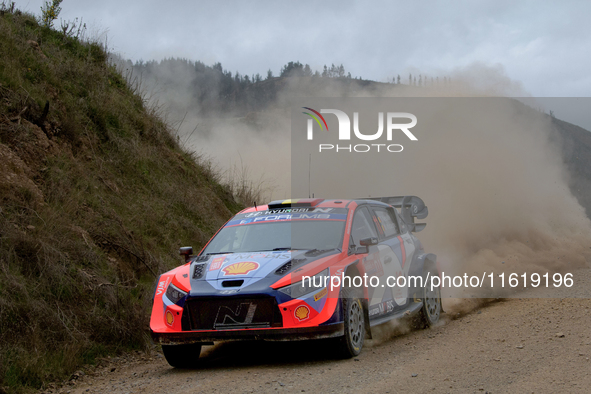 Driver Thierry Neuville and co-driver Martijn Wydaeghe of the Hyundai Shell Mobis World Rally Team, in a Hyundai i20 N Rally1 Hybrid, face t...