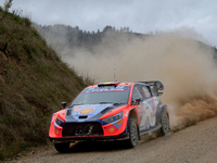 Driver Thierry Neuville and co-driver Martijn Wydaeghe of the Hyundai Shell Mobis World Rally Team, in a Hyundai i20 N Rally1 Hybrid, face t...