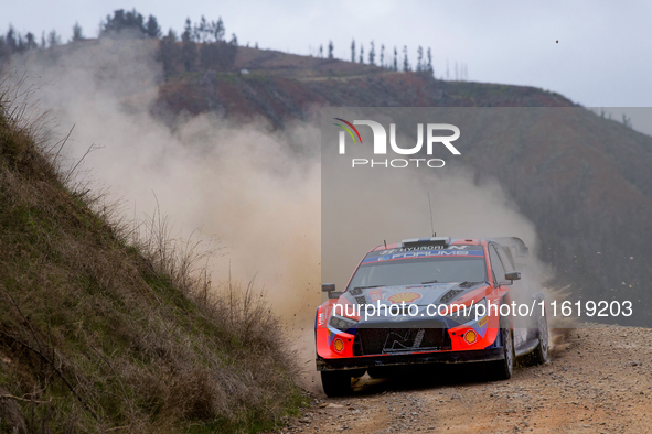 Driver Esapekka Lappi and co-driver Janne Ferm of the Hyundai Shell Mobis World Rally Team, in a Hyundai i20 N Rally1 Hybrid, face the secon...