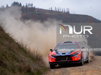 Driver Esapekka Lappi and co-driver Janne Ferm of the Hyundai Shell Mobis World Rally Team, in a Hyundai i20 N Rally1 Hybrid, face the secon...