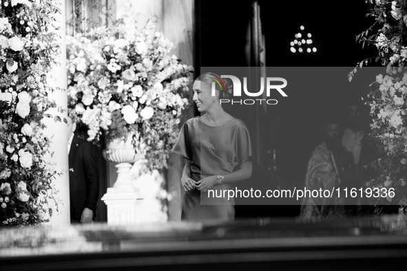 Olympia of Greece, a bridesmaid, arrives for the wedding of Princess Theodora Glucksburg of Greece and Matthew Jeremiah Kumar at the Metropo...