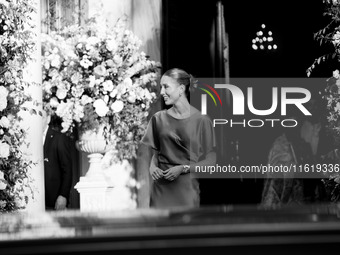 Olympia of Greece, a bridesmaid, arrives for the wedding of Princess Theodora Glucksburg of Greece and Matthew Jeremiah Kumar at the Metropo...