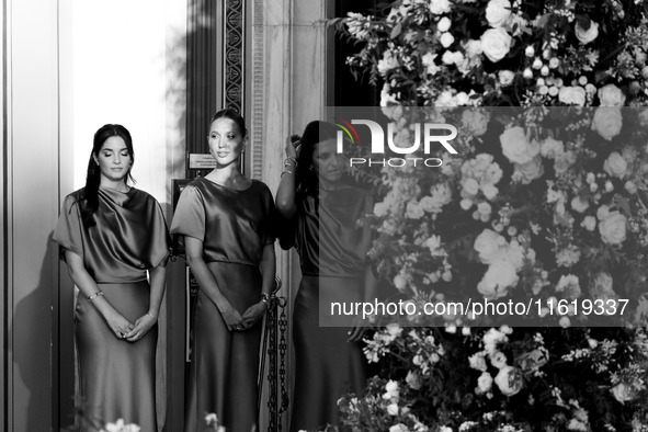 Olympia of Greece, a bridesmaid, arrives for the wedding of Princess Theodora Glucksburg of Greece and Matthew Jeremiah Kumar at the Metropo...