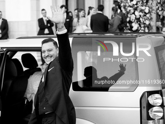 Matthew Jeremiah Kumar greets after his wedding with Princess Theodora Glucksburg at the Metropolitan Cathedral of Athens in Athens, Greece,...