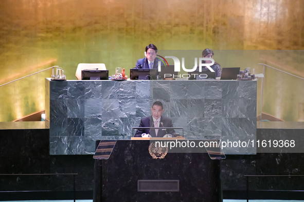 Thailand's Minister of Foreign Affairs, Maris Sangiampongsa, delivers his statement outlining Thailand's determination for people-centered,...