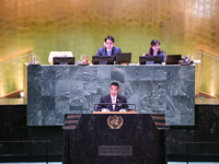 Thailand's Minister of Foreign Affairs, Maris Sangiampongsa, delivers his statement outlining Thailand's determination for people-centered,...