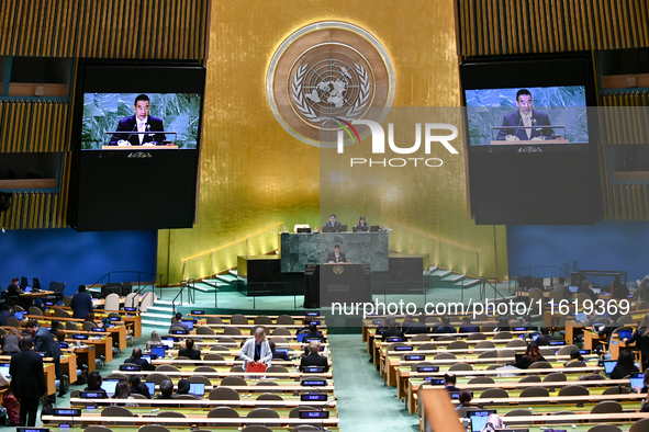 Thailand's Minister of Foreign Affairs, Maris Sangiampongsa, delivers his statement outlining Thailand's determination for people-centered,...