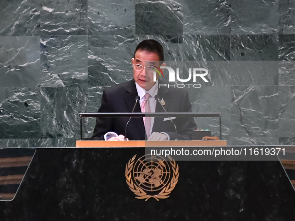 Thailand's Minister of Foreign Affairs, Maris Sangiampongsa, delivers his statement outlining Thailand's determination for people-centered,...